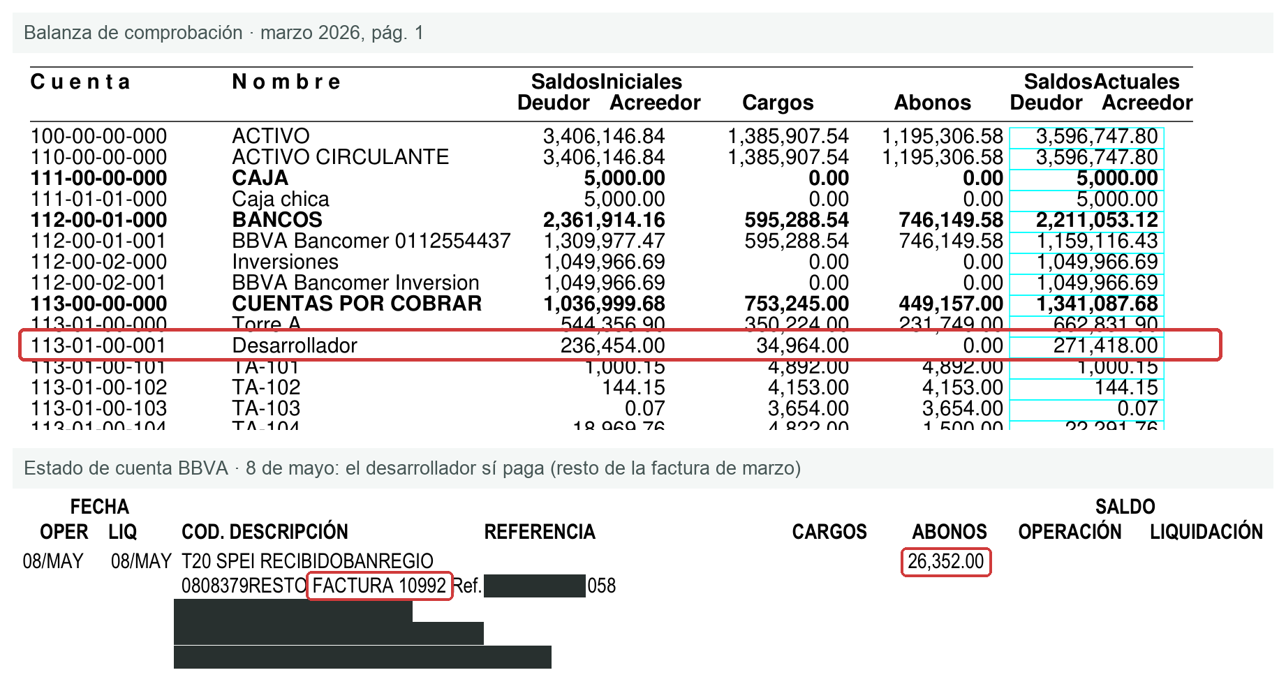 Renglón Desarrollador de la balanza de marzo con saldo de 271,418 pesos, y depósito del 8 de mayo por 26,352 pesos con concepto resto factura 10992